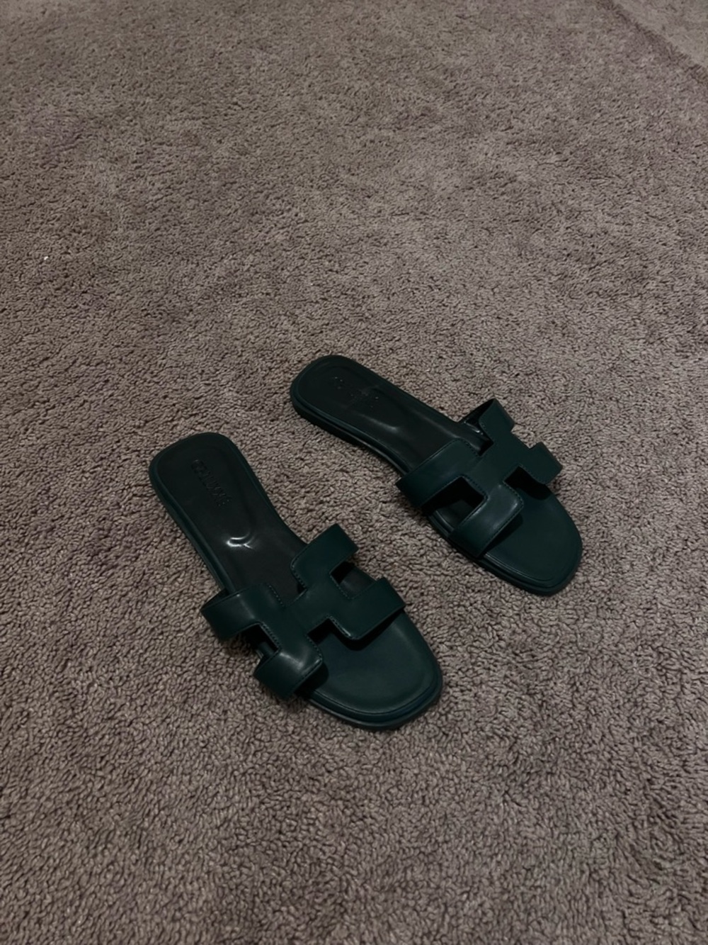 Leather Slide Sandals in Dark Green - Women Shoes